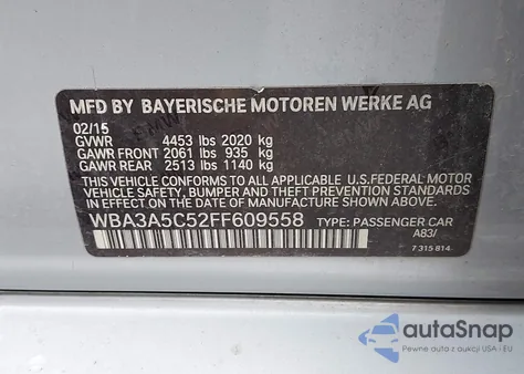 2015 BMW 328I из США, поврежденный, VIN WBA3A5C52FF609558